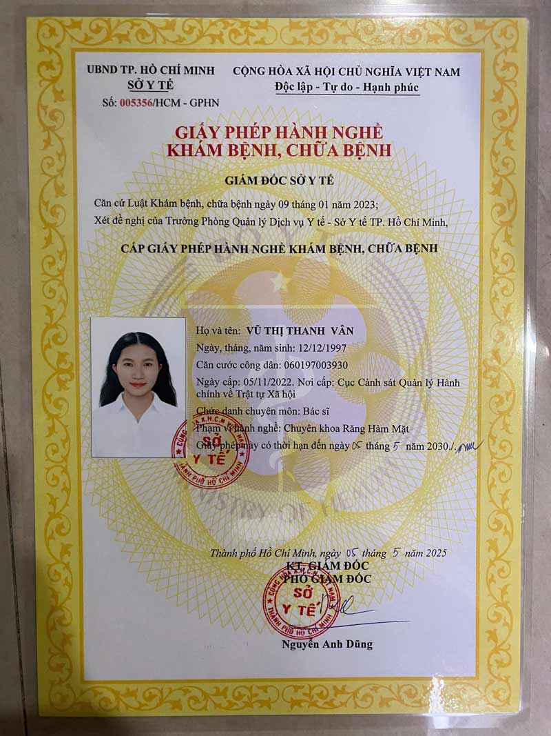 Giấy phép hành nghề khám bệnh, chữa bệnh của Dr. Vân