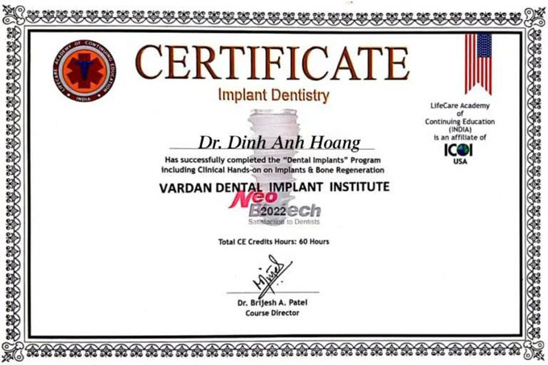 Chứng nhận Implant Dentistry - Bác sĩ Hoàng