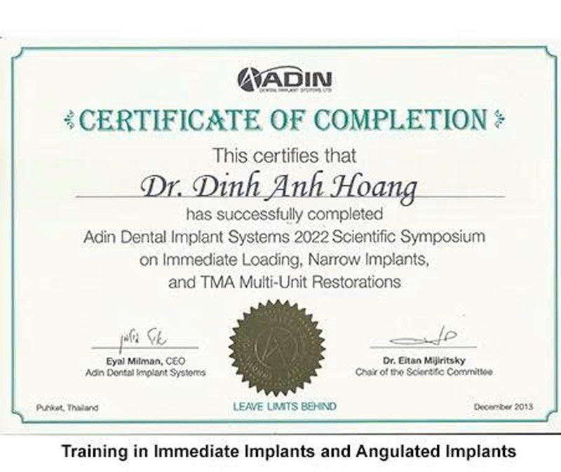 Dr. Hoang - Chứng nhận hoàn thành khóa Adin Dental Implant Systerms 2022...