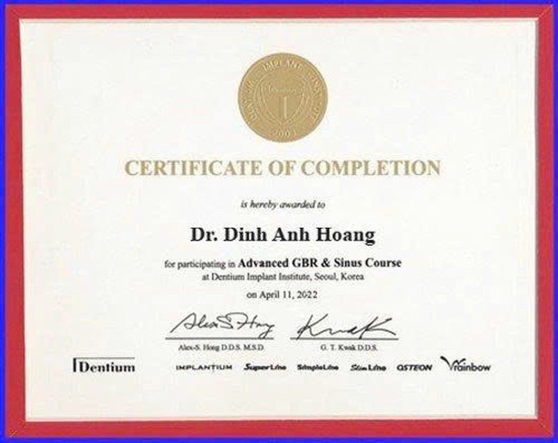 Bác sĩ Hoàng: Chứng nhận tham gia khóa học Advanced GBR & Sinus