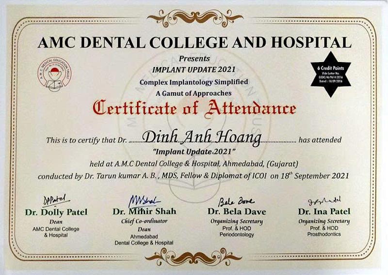 Chứng chỉ Khóa Implant Update 2021 - Dr. Hoàng