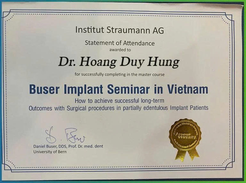 Chứng chỉ Buser Implant Seminar in Vietnam - Bác sĩ Hoàng Duy Hùng
