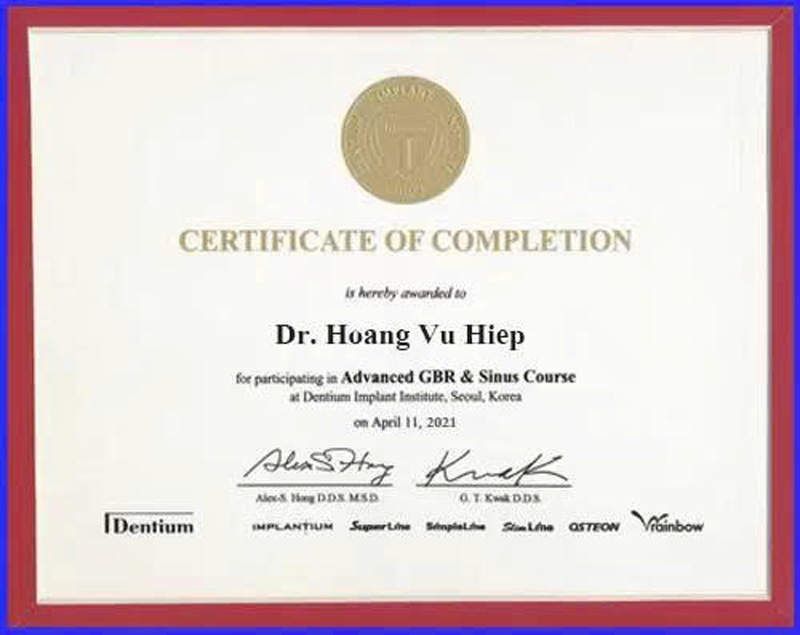 Dr. Hoàng Vũ Hiệp - Chứng nhận tham gia khóa học Advanced GBR & Sinus