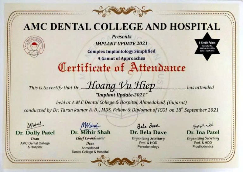 Chứng chỉ Khóa Implant Update 2021 - Dr. Hoàng Vũ Hiệp