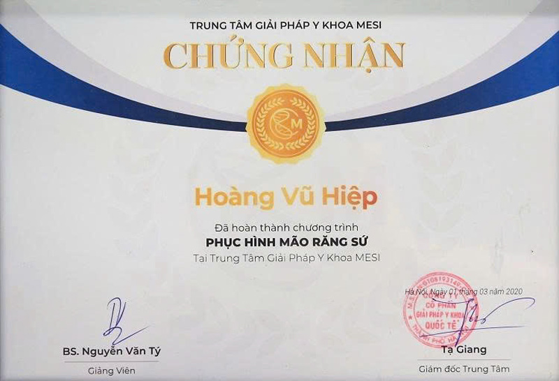 Chứng chỉ Phục hình Mão răng sứ của bác sĩ Hoàng Vũ Hiệp