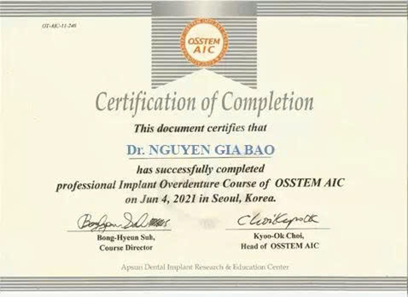 Dr. Nguyen Gia Bao - Chứng nhận hoàn khóa Implant Overdenture Course of OSSTEM AIC