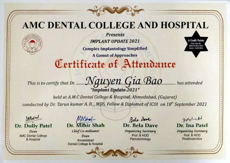 Chứng chỉ Khóa Implant Update 2021 - Dr. Bảo