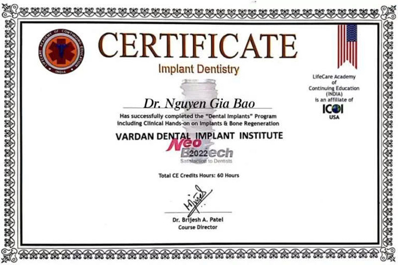 Chứng nhận Implant Dentistry của bác sĩ Bảo