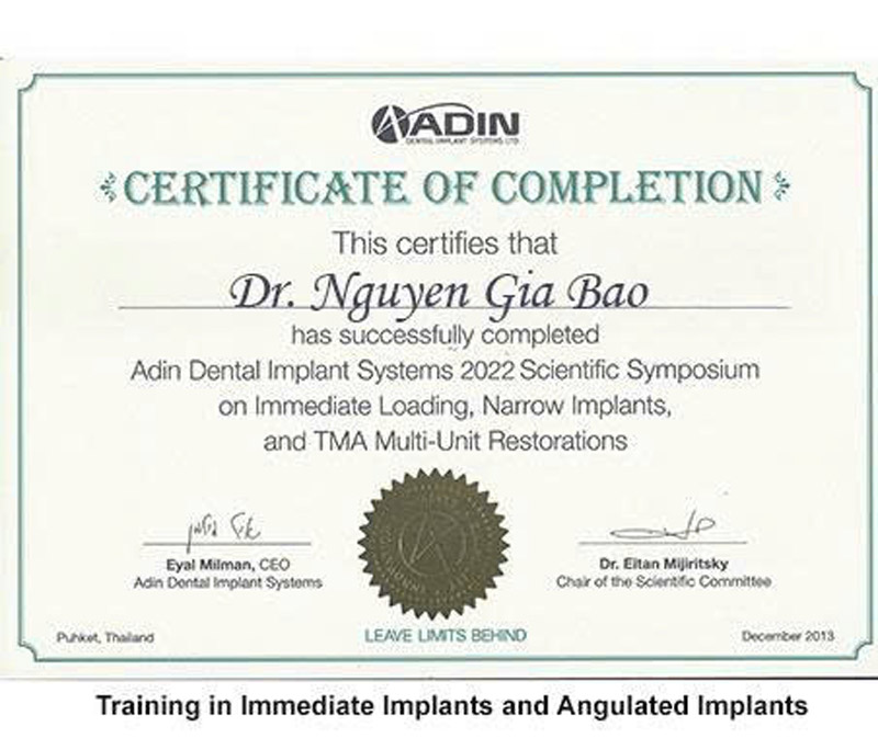 Dr. Gia Bao- Chứng nhận hoàn thành khóa Adin Dental Implant Systerms 2022...
