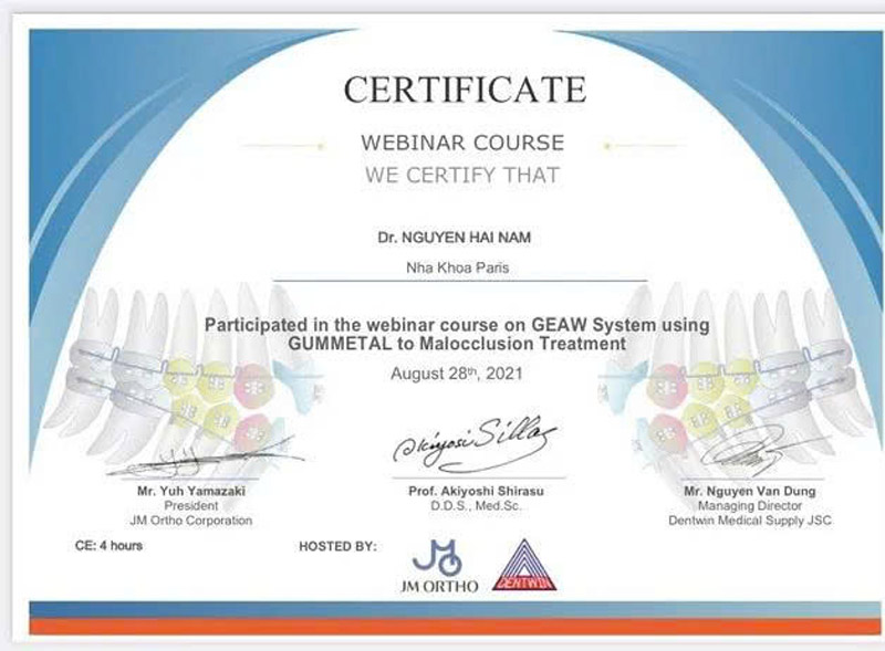 Chứng chỉ của bác sĩ Nguyễn Hải Nam