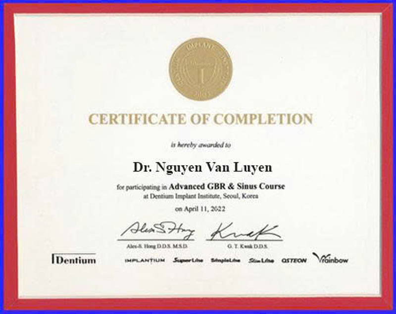 Dr. Luyến - Chứng nhận tham gia khóa học Advanced GBR & Sinus