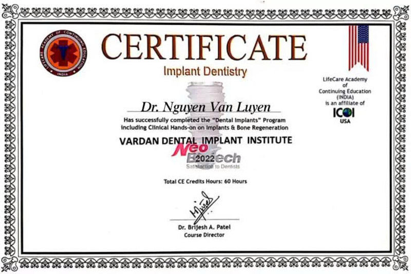 Chứng nhận Implant Dentistry - Bác sĩ Luyến