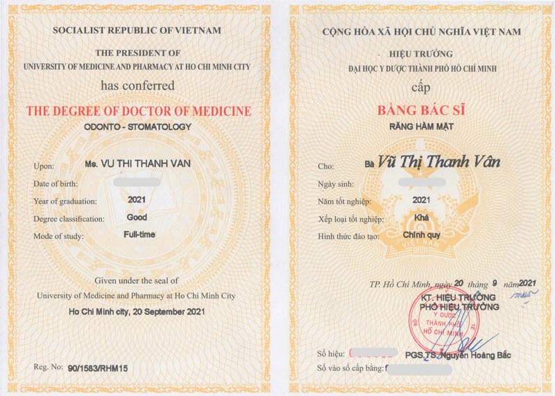 Bằng Bác sĩ Răng hàm mặt của Dr. Vũ Thị Thanh Vân