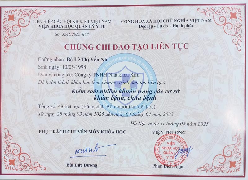 Bằng cấp, chứng chỉ bác sĩ Lê Thị Yến Nhi
